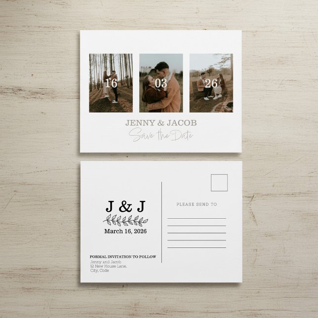 White modern Photo Collage Save the Date Postcard (White modern Photo Collage Save the Date Postcard.)