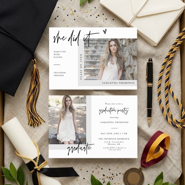White Modern Photo She Did It Grad Invite (Creator Uploaded)