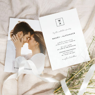 White Modern Script Monogram Crest Photo Wedding Invitation