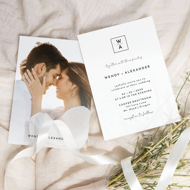 White Modern Script Monogram Crest Photo Wedding Invitation (Creator Uploaded)