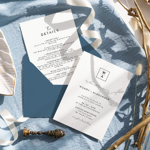 White Modern Script Monogram Crest Wedding Details Invitation