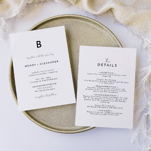 White Modern Script Monogram Wedding Details and Invitation