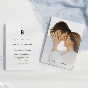 White Modern Script Monogram Wedding Photo Invitation