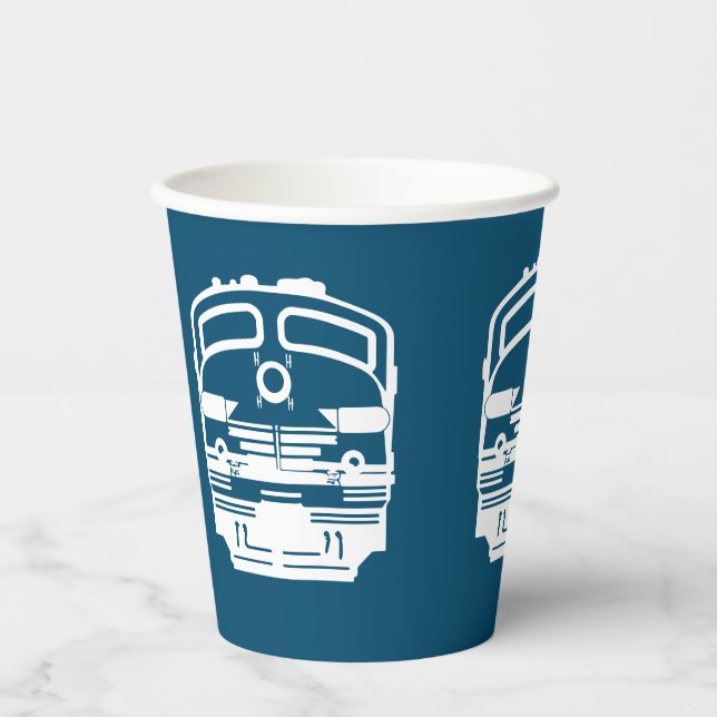 White Modern Train Engine on Blue Background Paper Cups (Front)