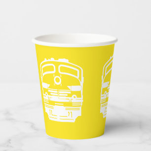 White Modern Train Engine on Yellow Background Paper Cups