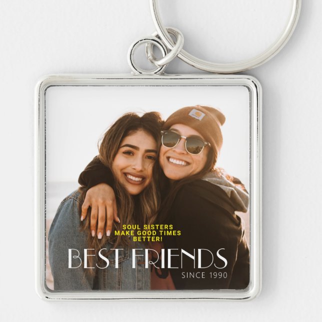 White Modern Typography Bestfriends Photo Key Ring (Front)