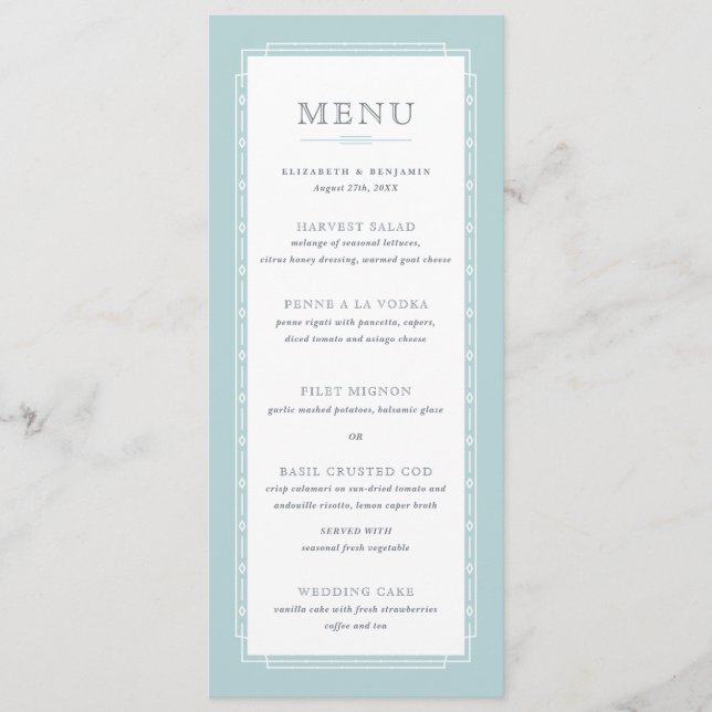 White Modern Vintage Mint Wedding Menu (Front)