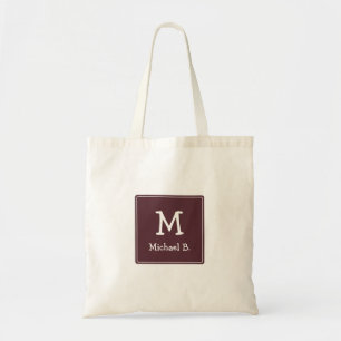 White Monogram and Name on Dusty Burgundy Tote Bag