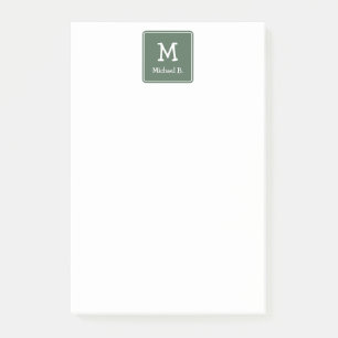 White Monogram and Name on Green Rounded Square Post-it Notes