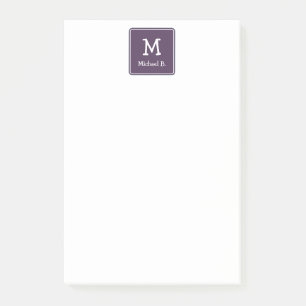 White Monogram and Name on Purple Rounded Square Post-it Notes