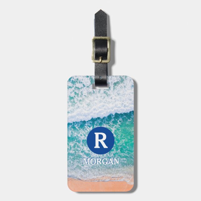 White Monogram, Beach Waves, Contact Info Luggage Tag (Front Vertical)