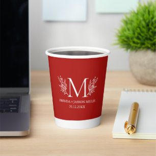 White monogram botanical flower on burgundy red paper cups