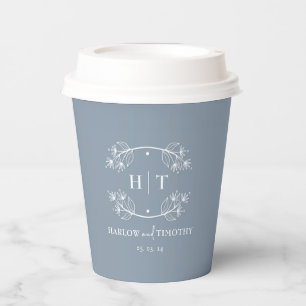 White monogram Dusty Blue Wedding Paper cups