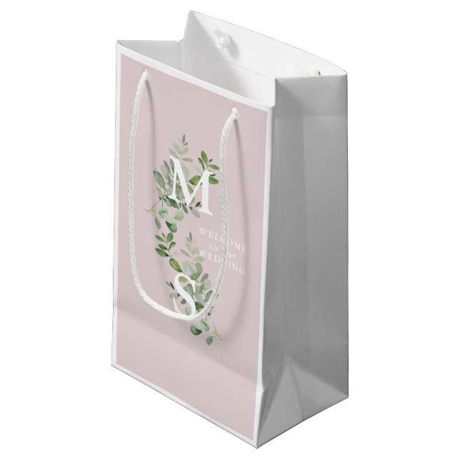 White Monogram Eucalyptus Pink Wedding Welcome  Small Gift Bag (Front Angled)