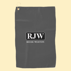 White Monogram Inside Grey Border, Name, Dark Grey Golf Towel