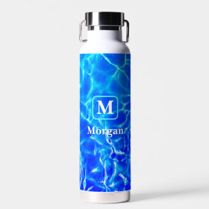White Monogram & Name, Teal Frame, Blue Pool Water Bottle