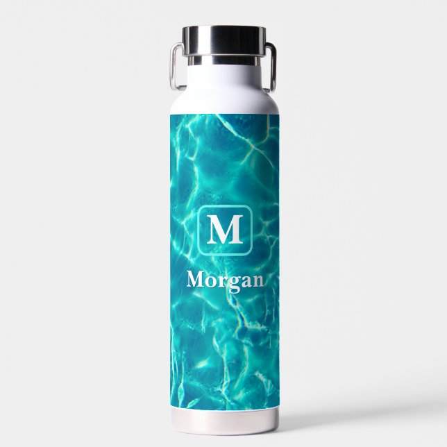White Monogram & Name, Teal Frame, Pool Water Bottle (Front)