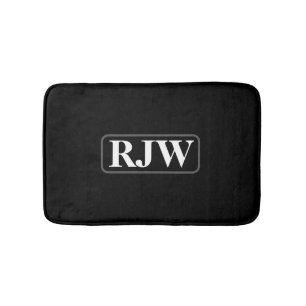 White Monogram or Name Inside Grey Border on Black Bath Mat