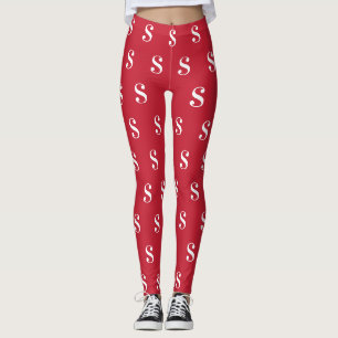 White Monogram Pattern on Red Leggings