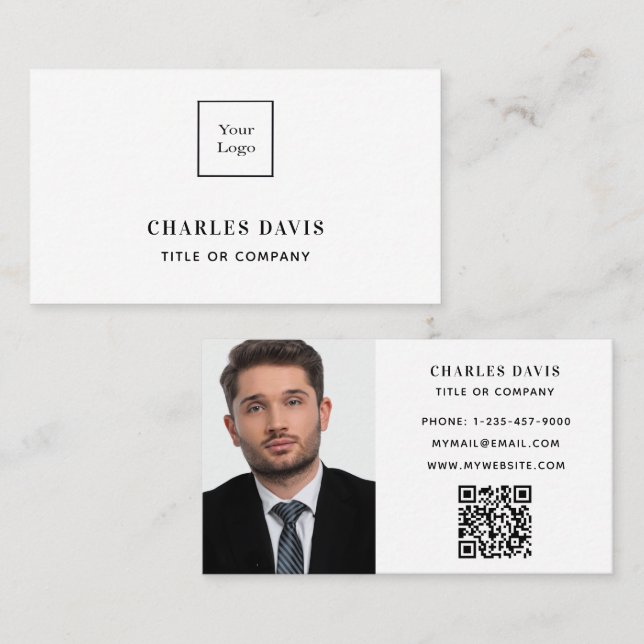 White monogram photo Qr code logo elegant Business Card (Front/Back)