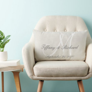 White Monogram Rustic Look Linen Wedding Lumbar Cushion