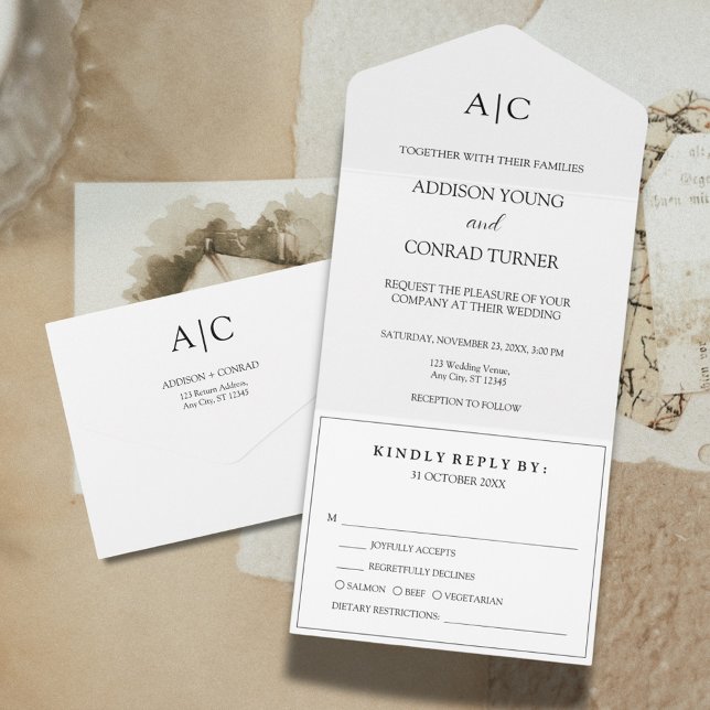 White Monogram Wedding All In One Invitation (Creator Uploaded)