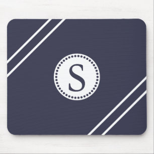 White Monogram with Blue & WhiteStripes Mouse Pad