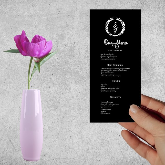 White Monogram Wreath on black Dinner Menu (Creator Uploaded)