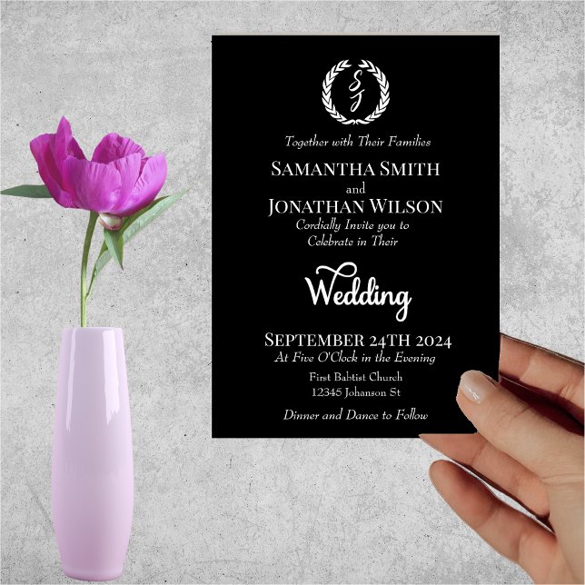 White Monogram Wreath on black Wedding  Invitation (Creator Uploaded)