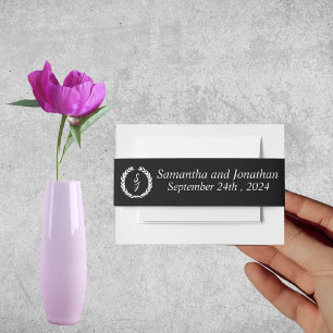 White Monogram Wreath on black Wedding  Invitation Belly Band