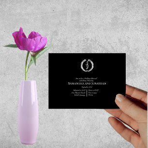 White Monogram Wreath on black Wedding Rehearsal Invitation