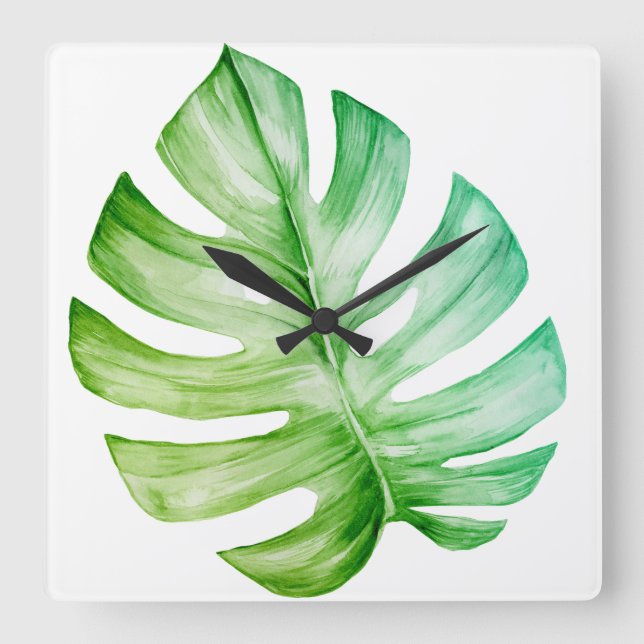 White Monstera Leaf Botanical Tropical Square Wall Clock (Front)