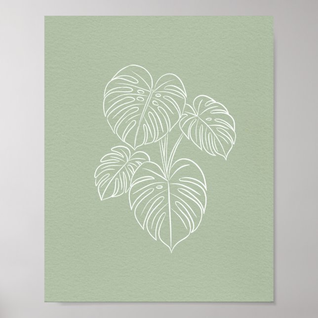 White Monstera Leaf Line Art on Sage Green  Poster (Front)