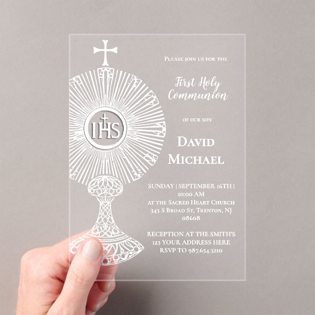 white monstrance | First Holy Communion Acrylic Invitations (Insitu (Handheld))