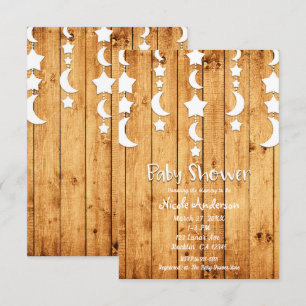 White Moon & Stars Oak Wood Baby Shower Invitation