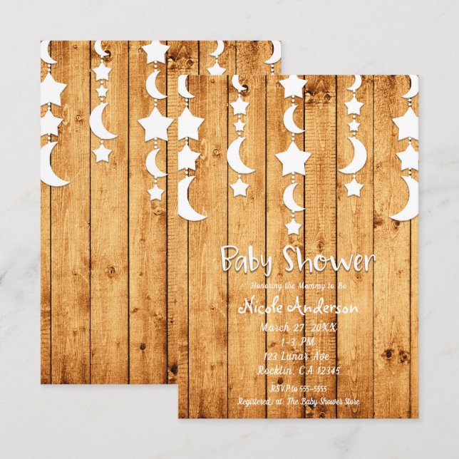 White Moon & Stars Oak Wood Baby Shower Invitation (Front/Back)