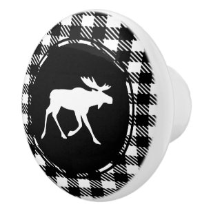 White Moose Black Buffalo Plaid Pattern Ceramic Knob