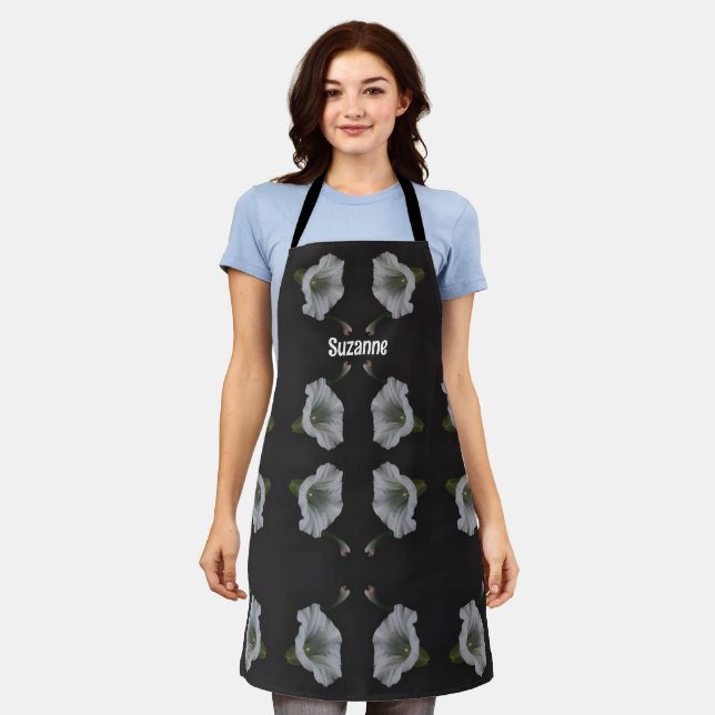 White Morning Glory Flower Pattern Personalised  Apron (Worn)