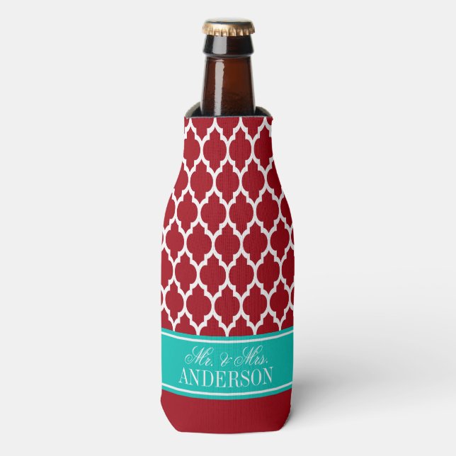 White Moroccan #4 CB Teal Wedding Bottle Cooler (Bottle Front)