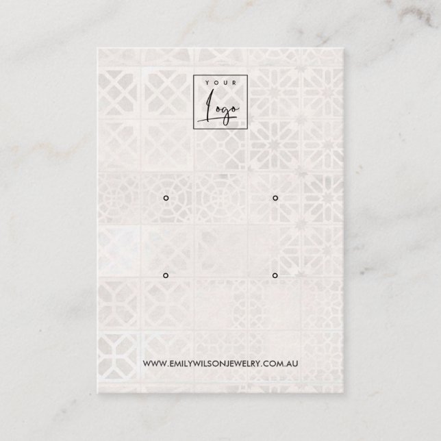 WHITE MOROCCAN TILE TEXTURE 2 STUD EARRING DISPLAY BUSINESS CARD (Front)