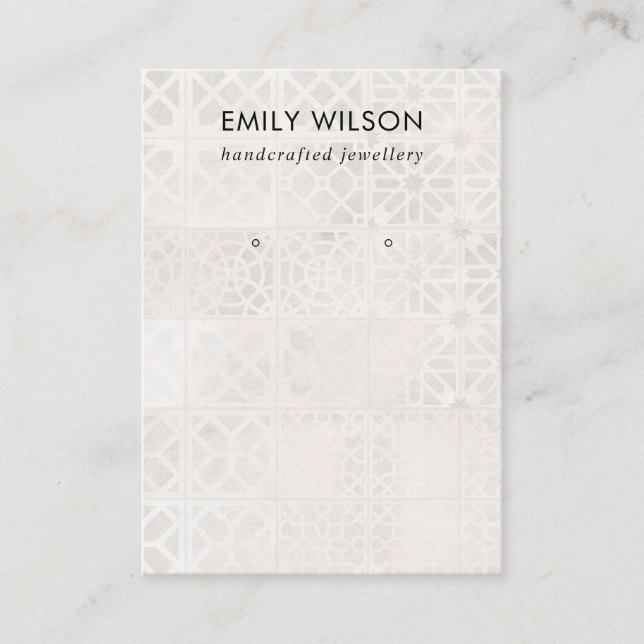 WHITE MOROCCAN TILE TEXTURE STUD EARRING DISPLAY BUSINESS CARD (Front)