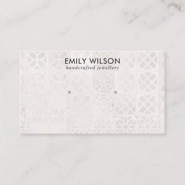 WHITE MOROCCAN TILE TEXTURE STUD EARRING DISPLAY BUSINESS CARD (Front)