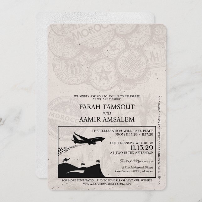 White Morocco Passport Wedding Invitation (Front/Back)