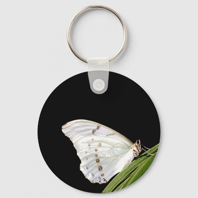 White Morpho butterfly on leaf Key Ring (Front)