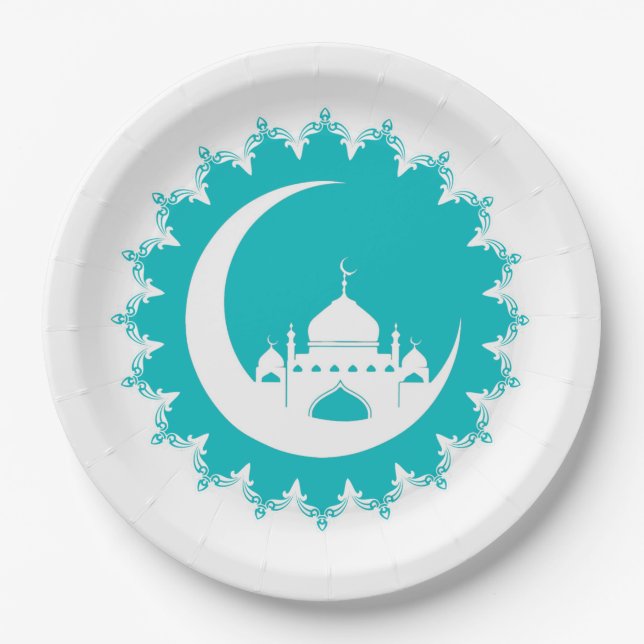 White Mosque in Crescent Moon Ramadan Paper Plate (Front)