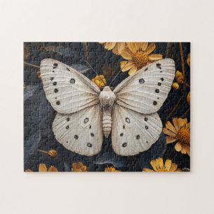 White Moth Resting Among Yellow Flowers Jigsaw Puzzle