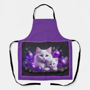 White Mother Cat And Kitten Purple Christmas Scene Apron