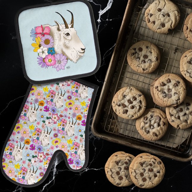 White Mountain Goat Flowers  Oven Mitt & Pot Holder Set (Creator Uploaded)