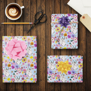 White Mountain Goat Flowers Wrapping Paper Sheet