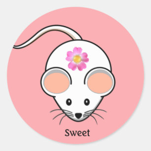 White mouse cartoon with flower on coral pink classic round sticker
